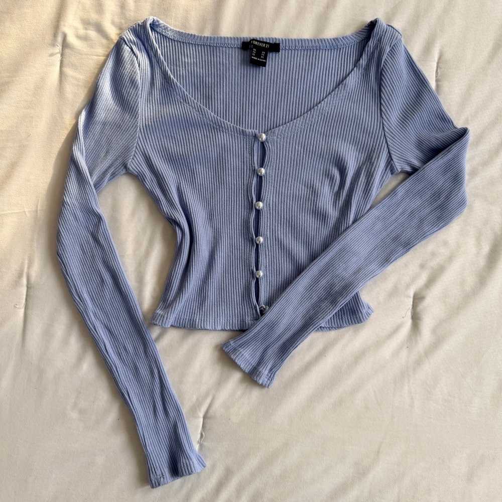 Forever 21 Pastel Blue Ribbed Pearl-Button Long Sleeve Top